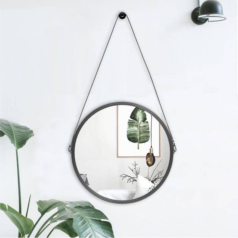 Wall hung mirror round black Leather