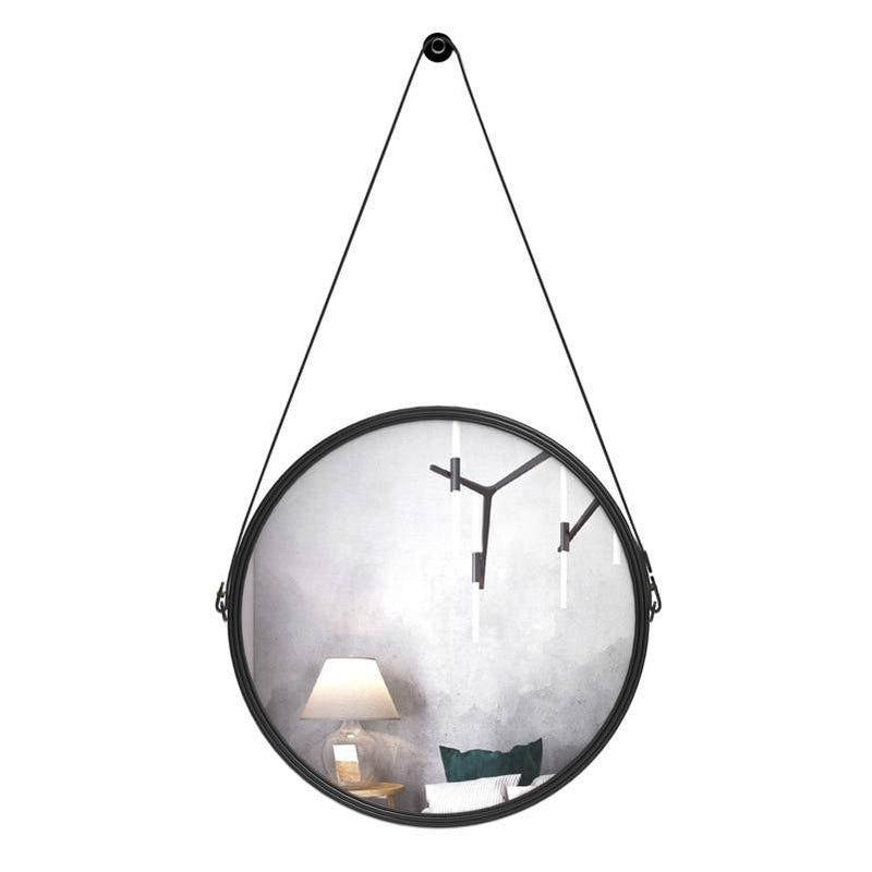 Wall hung mirror round black Leather