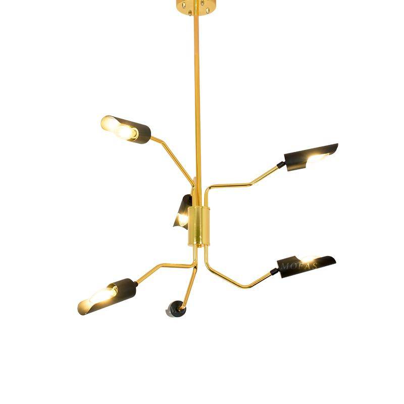 LED design chandelier with gilded articulated arms and black lamps