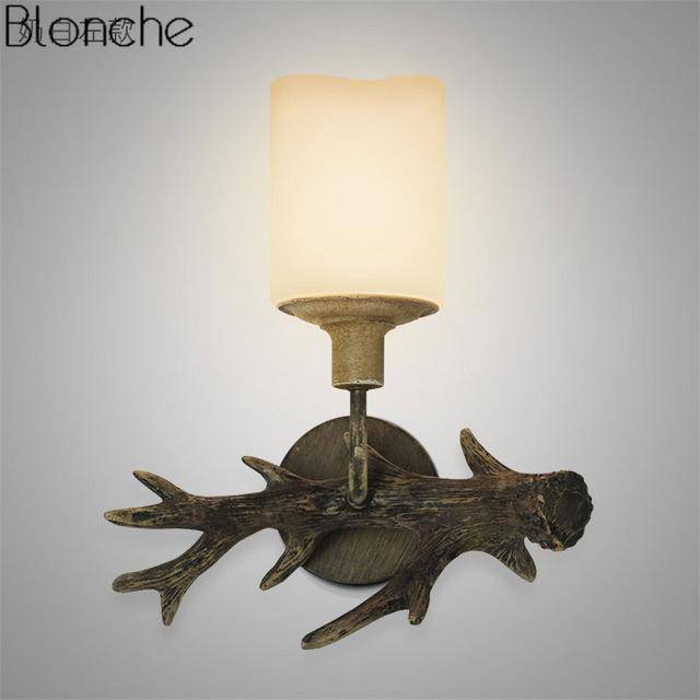 wall lamp wooden stag horn LED wall mural and lampshade glass