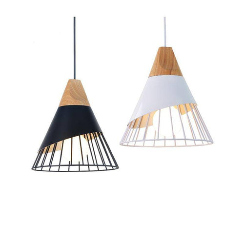 pendant light conical metal cage and wooden support