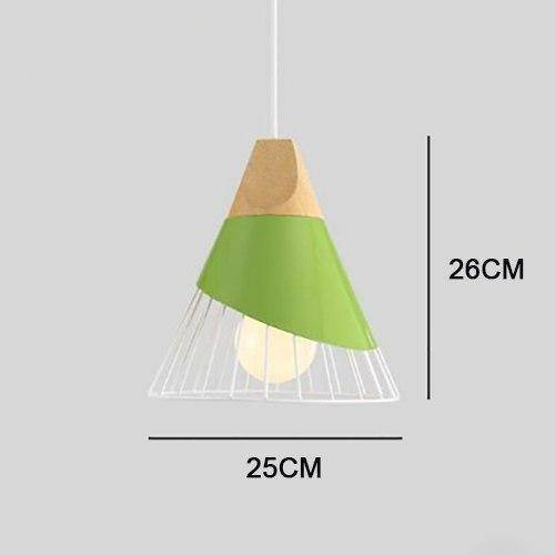 pendant light conical metal cage and wooden support