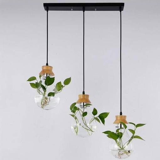 Lámpara de suspensión tarro de cristal con flor y soporte de madera