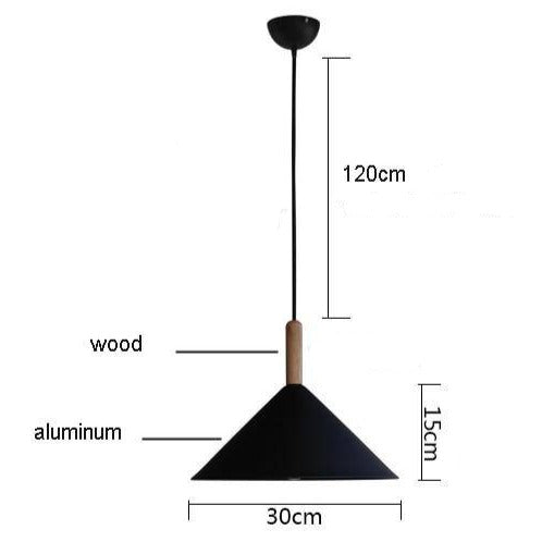 Lámpara de suspensión design cono de aluminio y soporte de madera