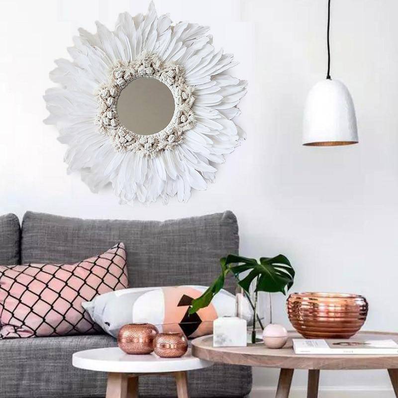 Round decorative wall mirror with white feathers Modern