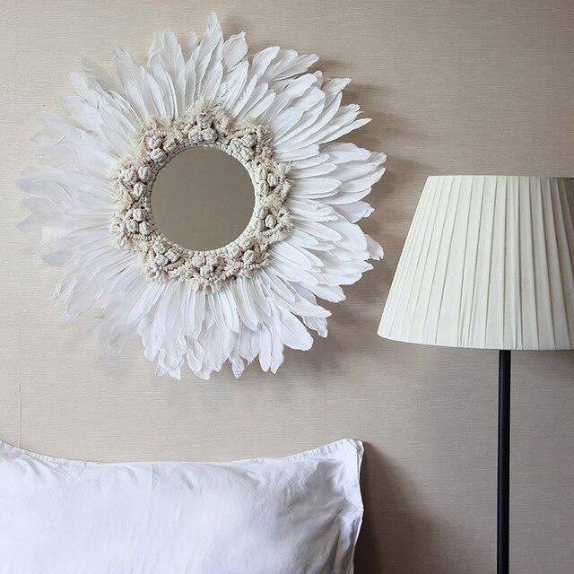 Espejo de pared decorativo redondo con plumas blancas Moderno