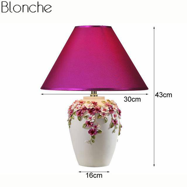 Bedside lamp with lampshade and coloured flower base