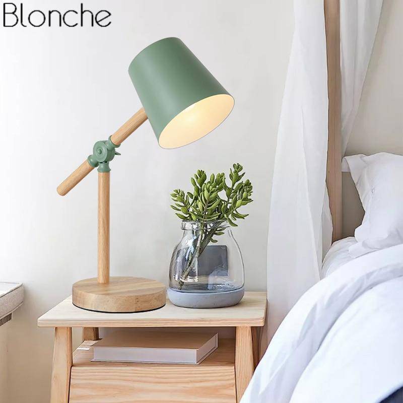 Adjustable wooden table lamp with lampshade