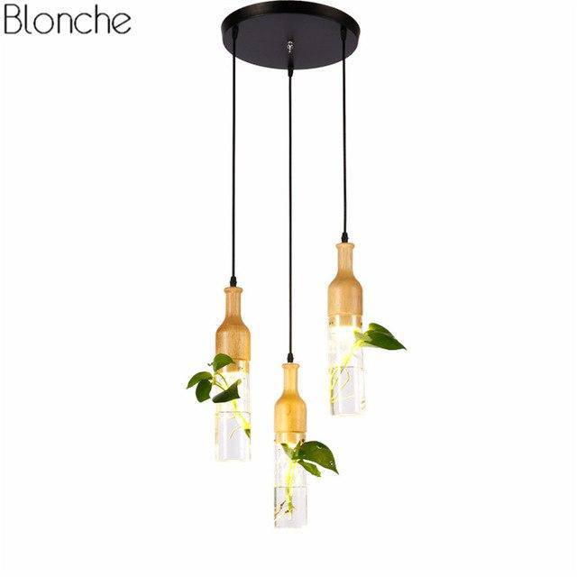 pendant light Wooden LED with plant and water tank Bottle