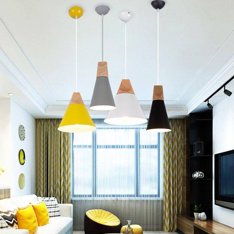 pendant light LED wood and aluminum cone shape