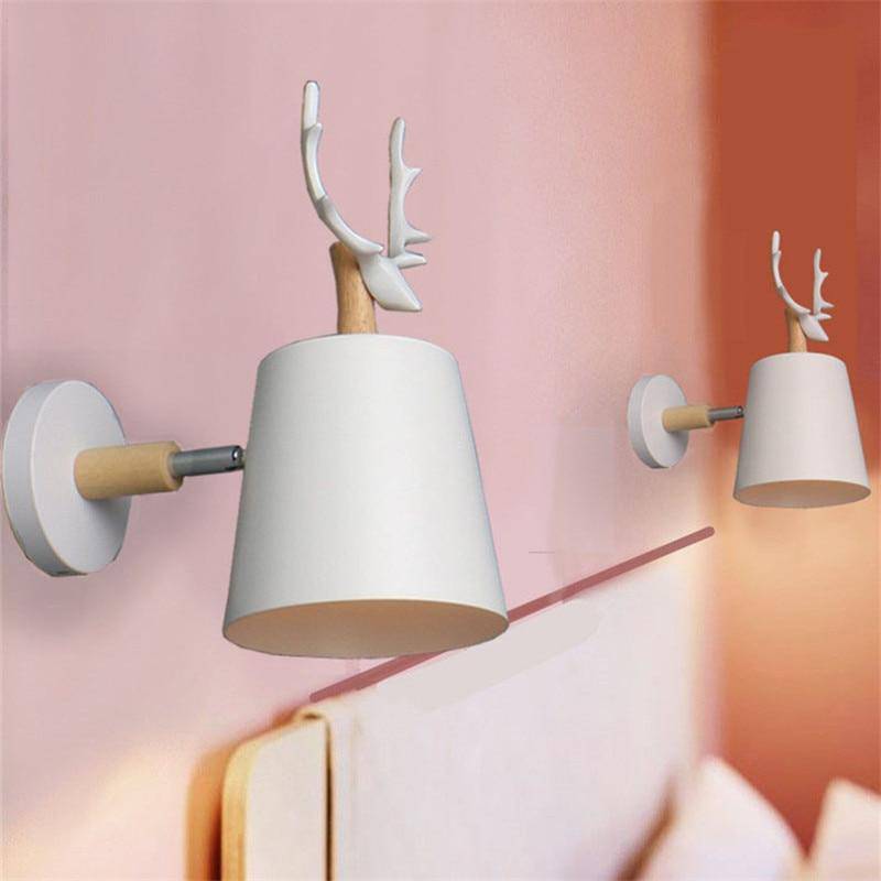 wall lamp wall with lampshade metal and wooden stand with deer horn