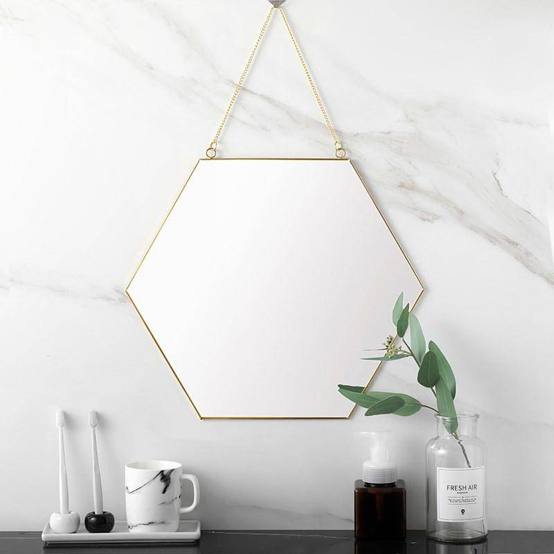 Espejo decorativo de pared hexagonal con borde de madera Geométrico