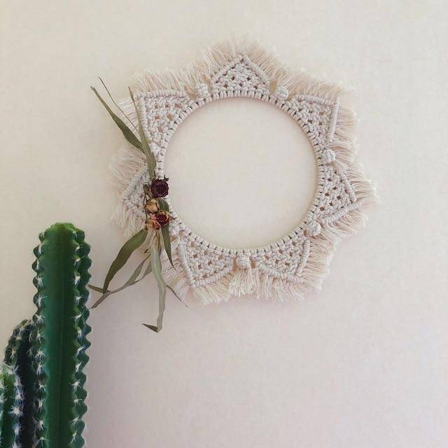 Round wall mirror in beige fabric Bohemian