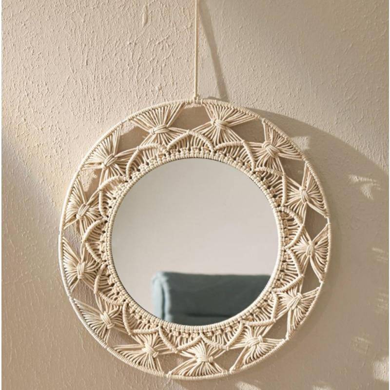 Espejo de pared decorativo redondo en tejido de macramé