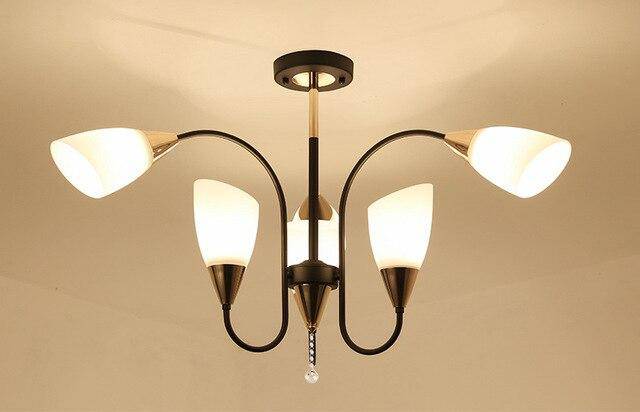 LED chandelier with rounded arms and Room glass lamps