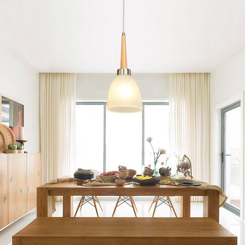 Suspension design en bois LED avec abat-jour arrondi en verre Creative