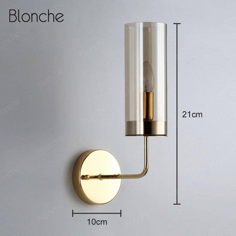 wall lamp cylindrical glass design wall mounted on a gold base