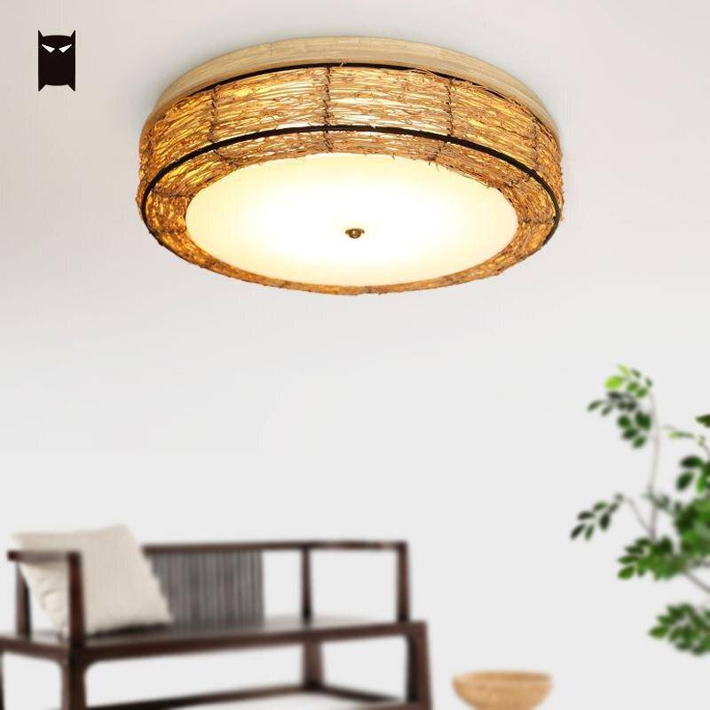 Round LED Wicker Ceiling Light Rattan