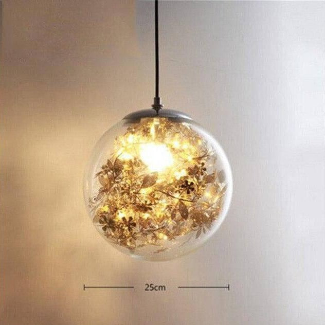 Lámpara de suspensión design Bola de cristal con LED y lámina de cromo en el interior