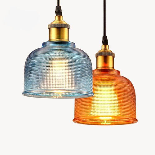 Lámpara de suspensión design en vidrio coloreado y café chapado en oro