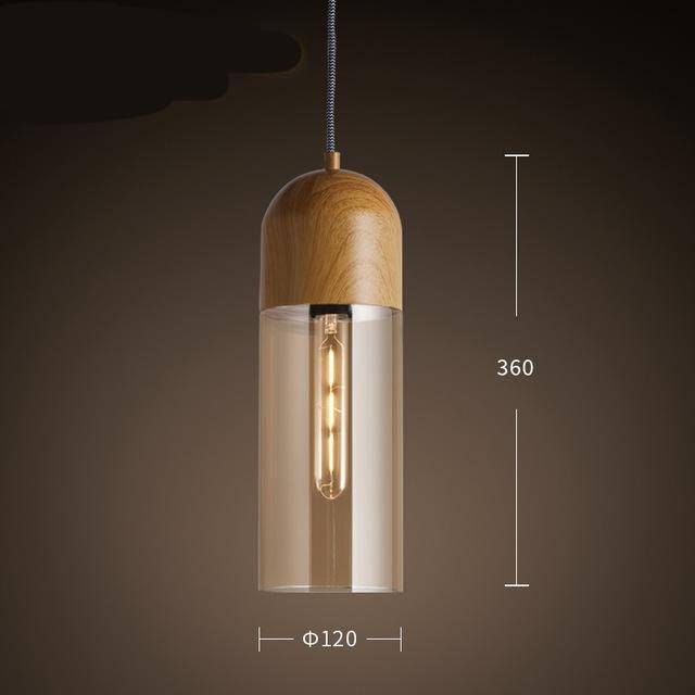 Lámpara de suspensión Loft cilíndrico de madera y cristal con LED