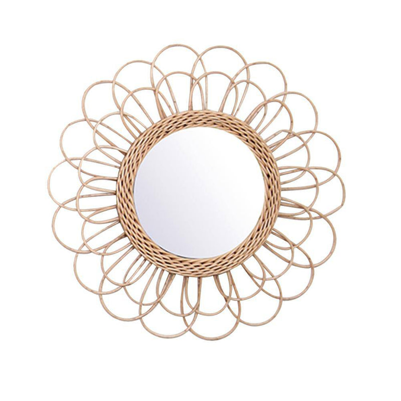 Miroir mural décoratif rond à pétale de fleur en rotin