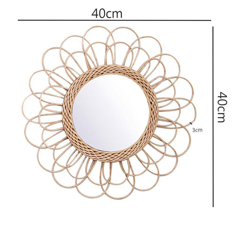 Round decorative wall mirror with flower petal in rattan