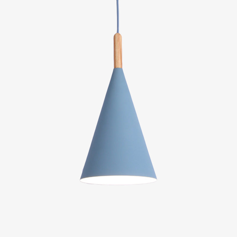 pendant light conical colored metal and wooden rod Bar