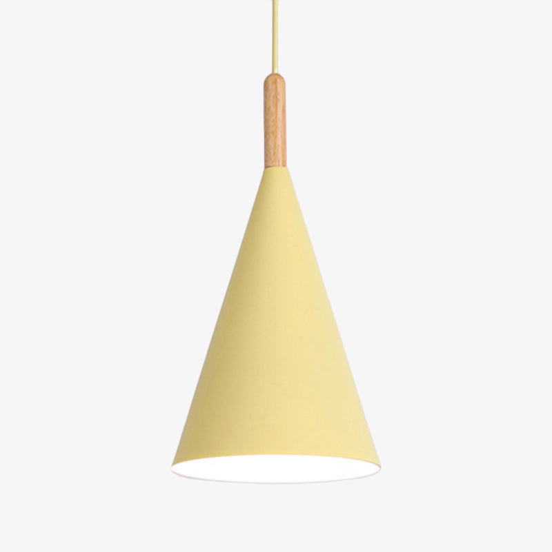pendant light conical colored metal and wooden rod Bar