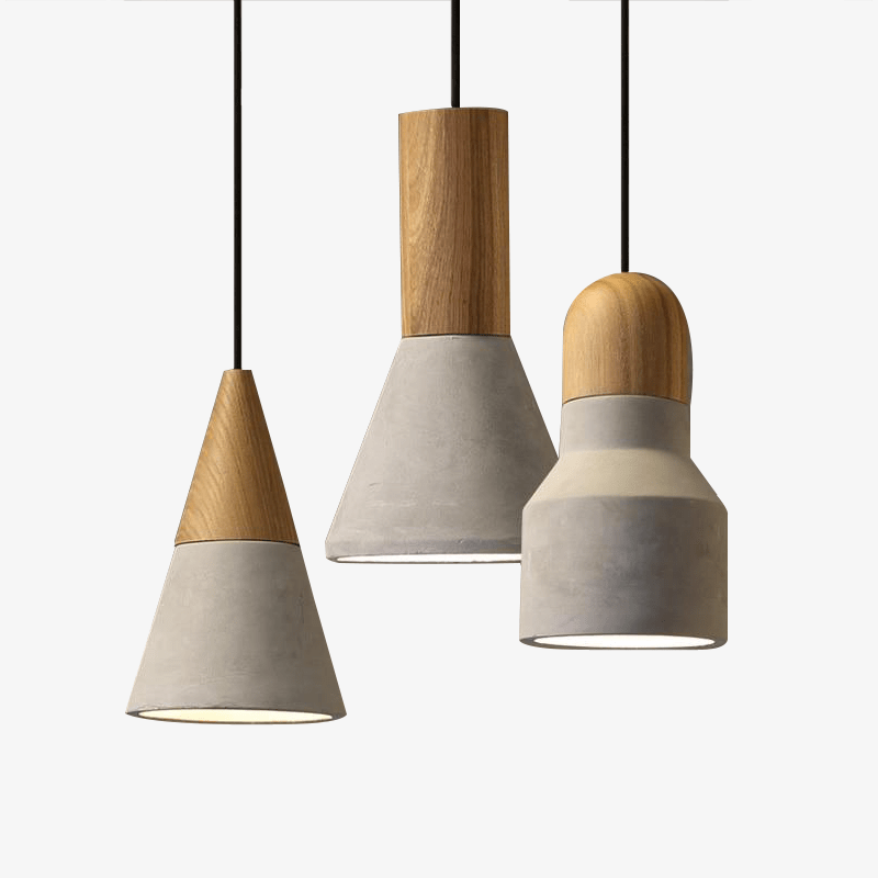pendant light design in wood and cement of several forms Studio