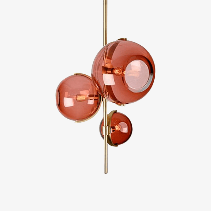 pendant light LED design with gold stem and three red glass balls