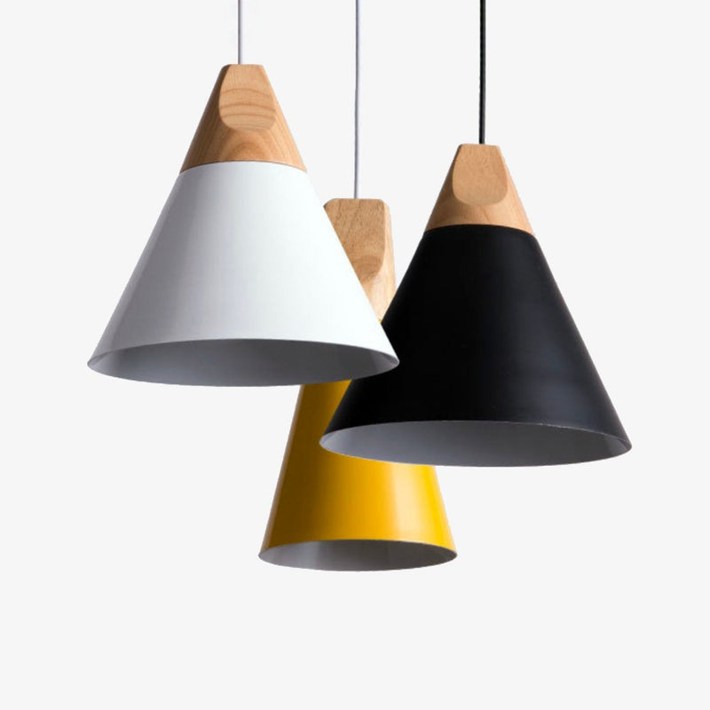 pendant light LED wood and aluminum cone shape