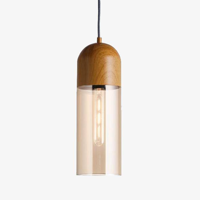 Lámpara de suspensión Loft cilíndrico de madera y cristal con LED