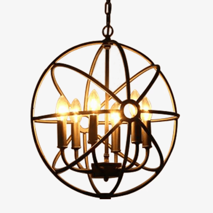 Rustic metal pendant light with circular caged lamps