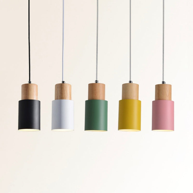 pendant light cylindrical wood and metal in Wood color