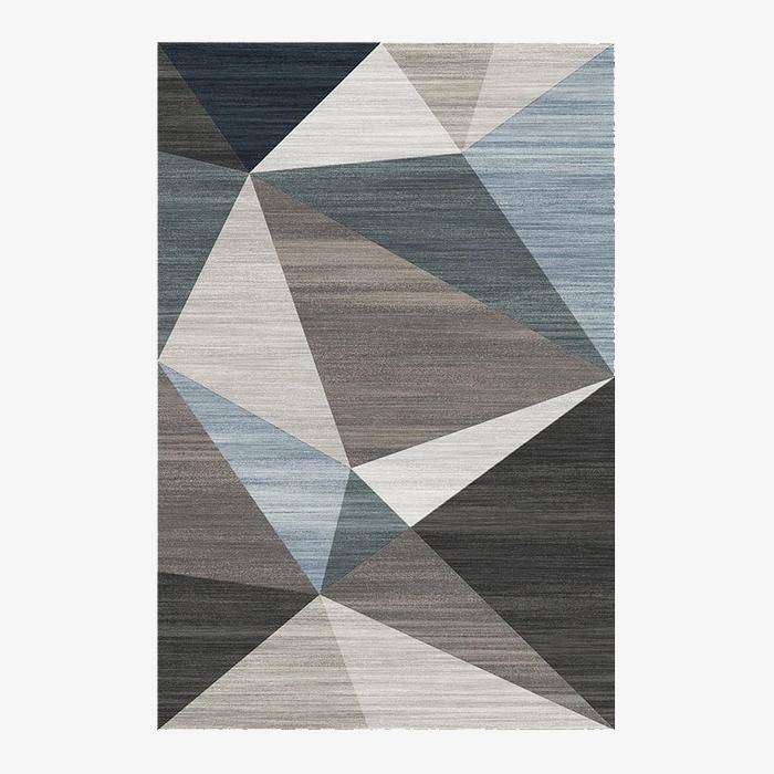 Geometric design carpet with grey rectangle and blue touches Area