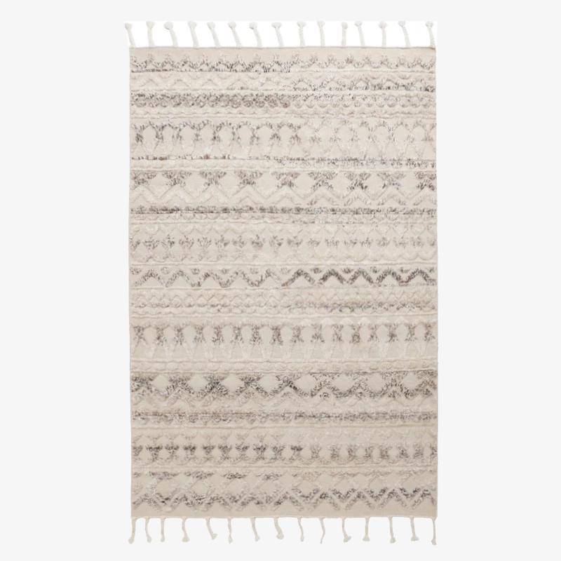 Rectangular handmade woolen Indian rug with Woven fringes