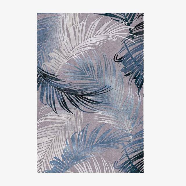 Tapis rectangle dessins feuilles de palmier bleues et blanches