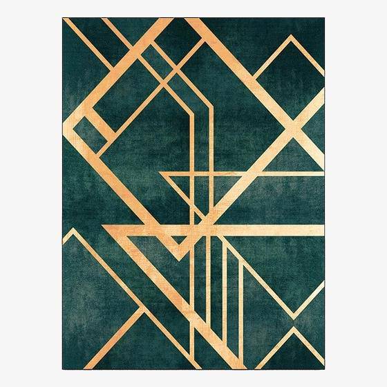 Green geometric rectangle carpet with gold designs House