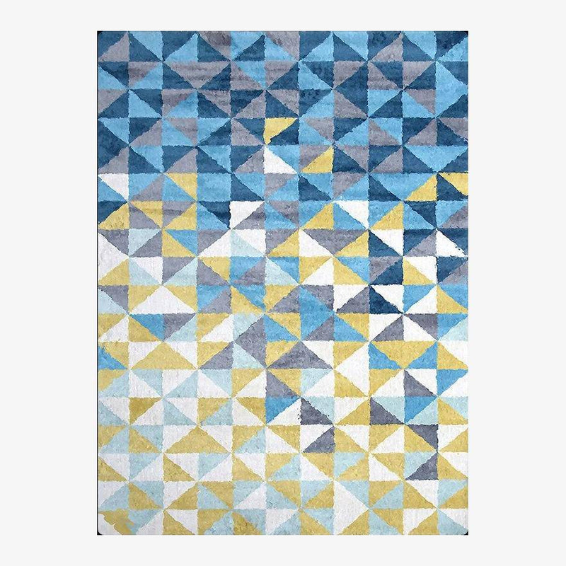 Alfombra geométrica rectangular escandinava con triángulos azules y amarillos