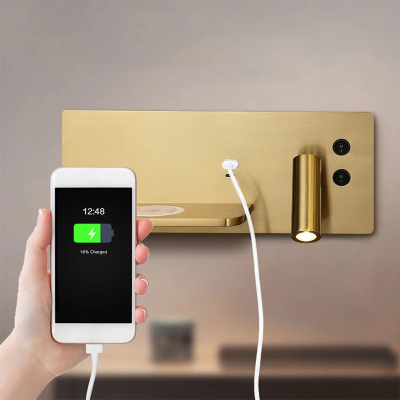 USB LED charge sans fil applique murale or luxe lecture applique murale maison hôtel chambre salon multi-fonction avec interrupteur - vue 2 sur 13
