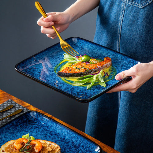 Service assiettes plates carrées en grès émail réactif