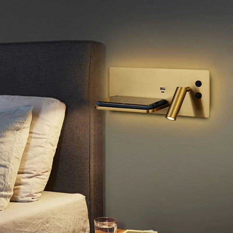 USB LED charge sans fil applique murale or luxe lecture applique murale maison hôtel chambre salon multi-fonction avec interrupteur - vue 3 sur 13