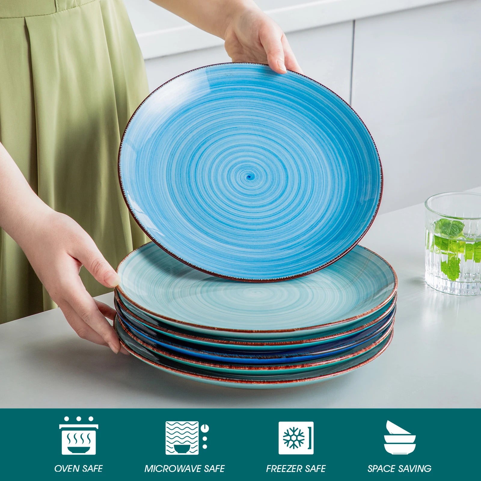Ensemble assiettes grès motifs géométriques service complet - vue 4 sur 6