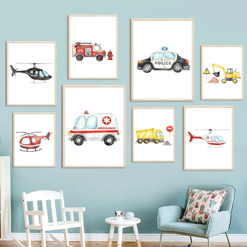 peinture murale camion de pompiers ambulance avion pour enfants
