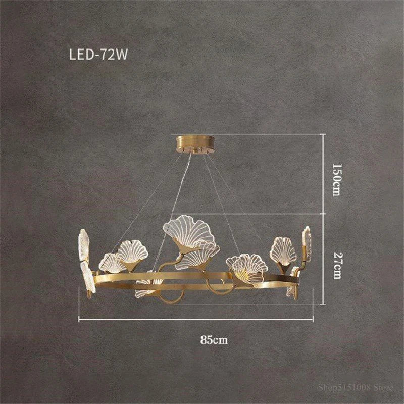 lustre en cuivre simple avec feuilles led style chinois - vue 8 sur 9