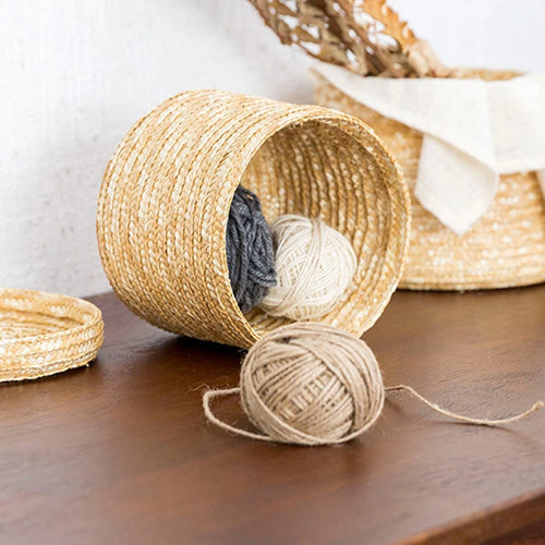 panier de rangement tissé en paille avec couvercle et organisateur