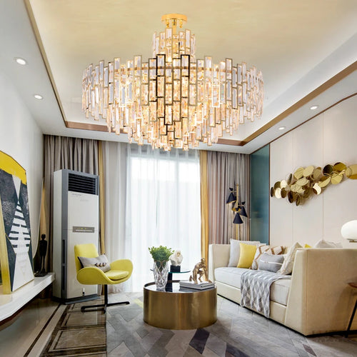 lustre design led moderne en cristal argenté et doré suspendu - vue 5 sur 13