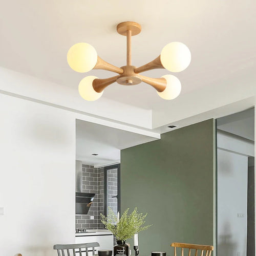 lustre moderne en bois avec abat-jour en verre - vue 4 sur 9