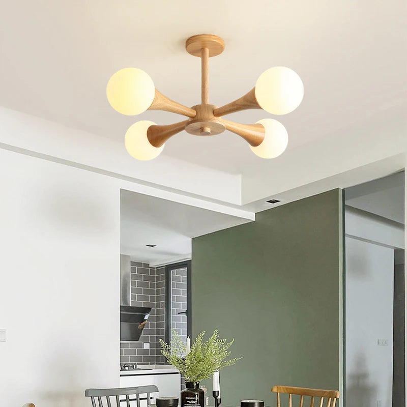 lustre moderne en bois avec abat-jour en verre - vue 3 sur 9